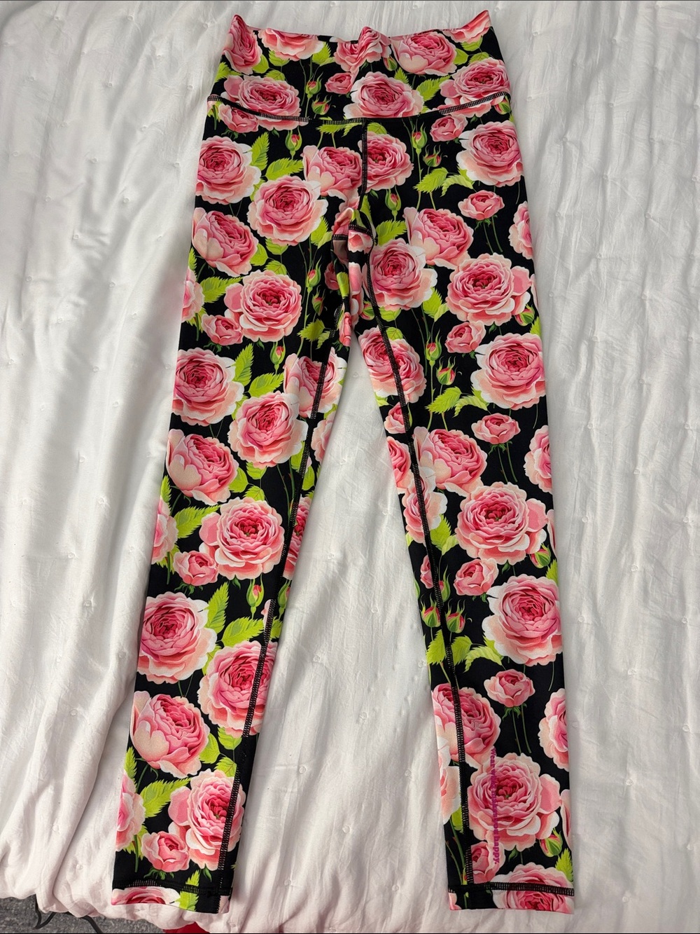 Terez Pink Rose Floral Leggings with Green Leaves -